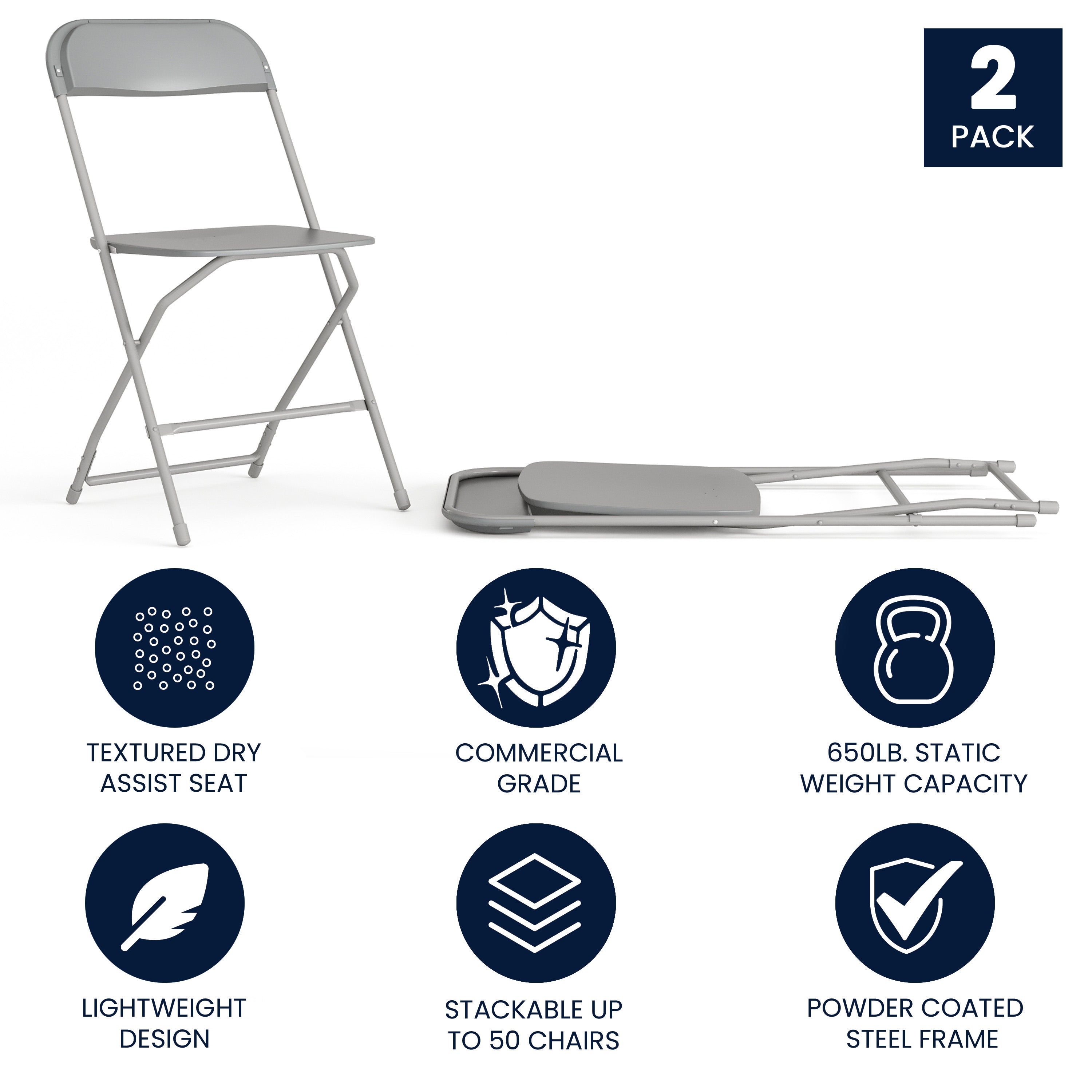 Commercial-Grade High-Capacity Plastic Folding Chairs - A Set of 2 Comfortable and Lightweight Event Seating Solutions with 650LB Weight Capacity
