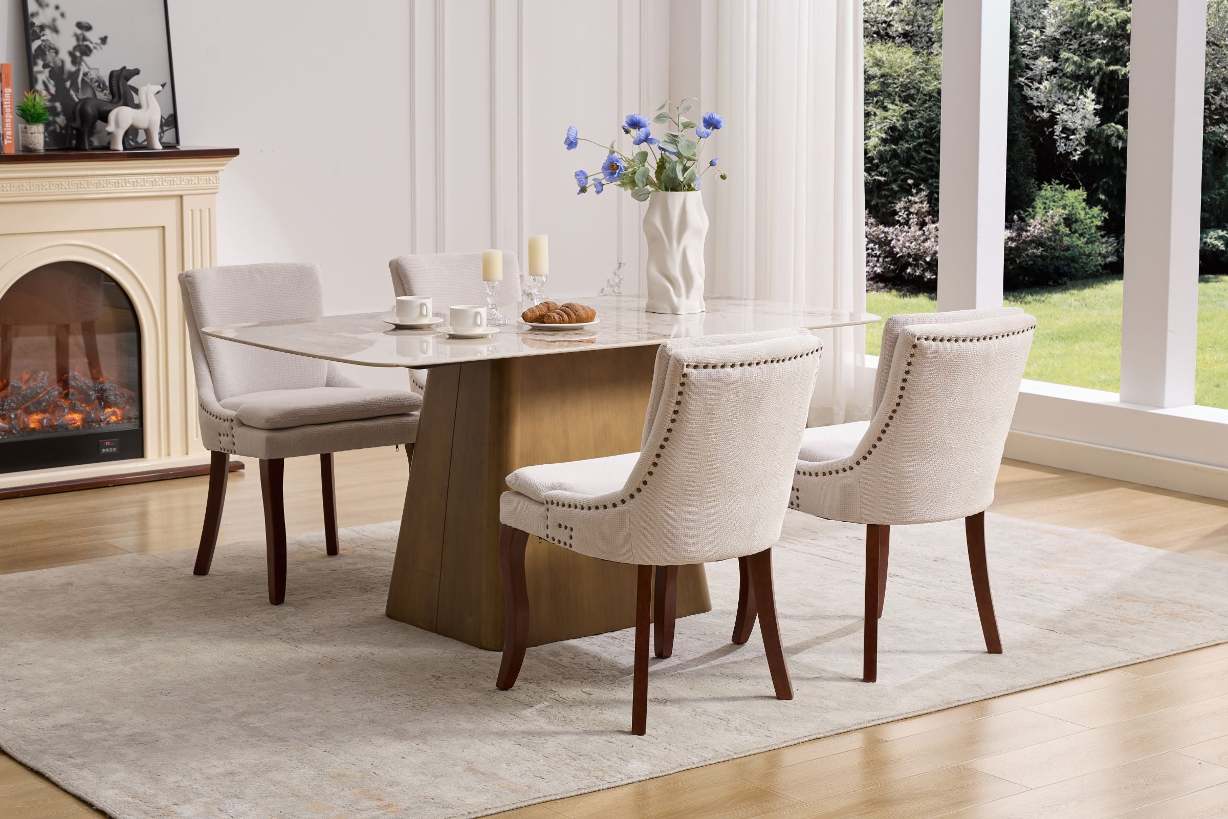 Beige Chenille Upholstered Set of 2 Modern Mid-Back Dining Chairs with Solid Wood Legs