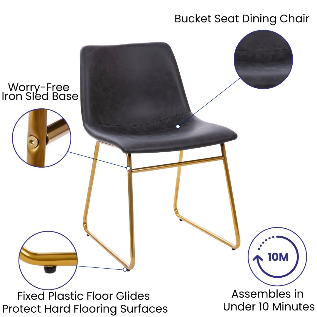 Set of 2 Commercial 18-inch Dark LeatherSoft Mid-Back Sled Base Dining Chairs with Gold Frame