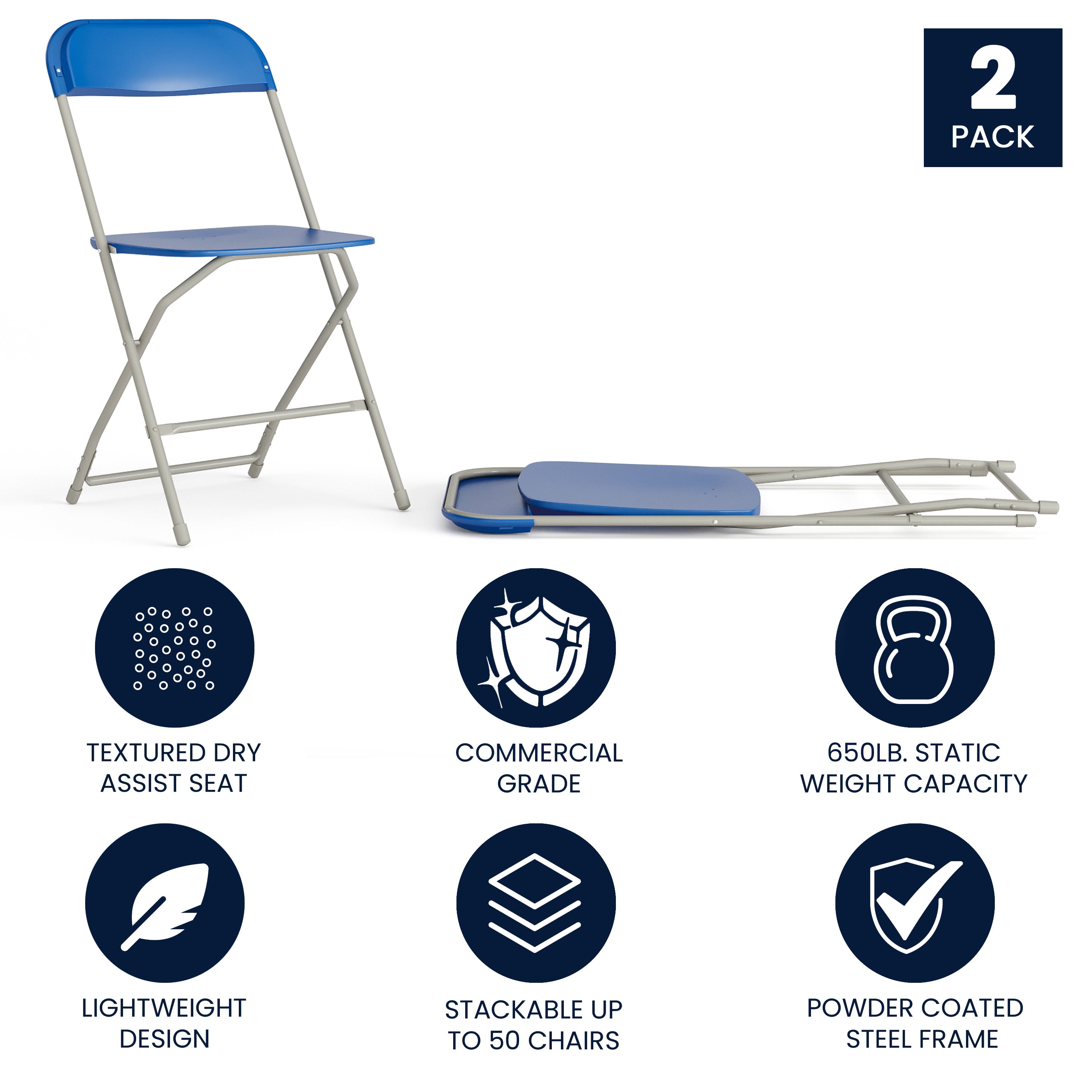 Commercial-Grade High-Capacity Plastic Folding Chairs - A Set of 2 Comfortable and Lightweight Event Seating Solutions with 650LB Weight Capacity