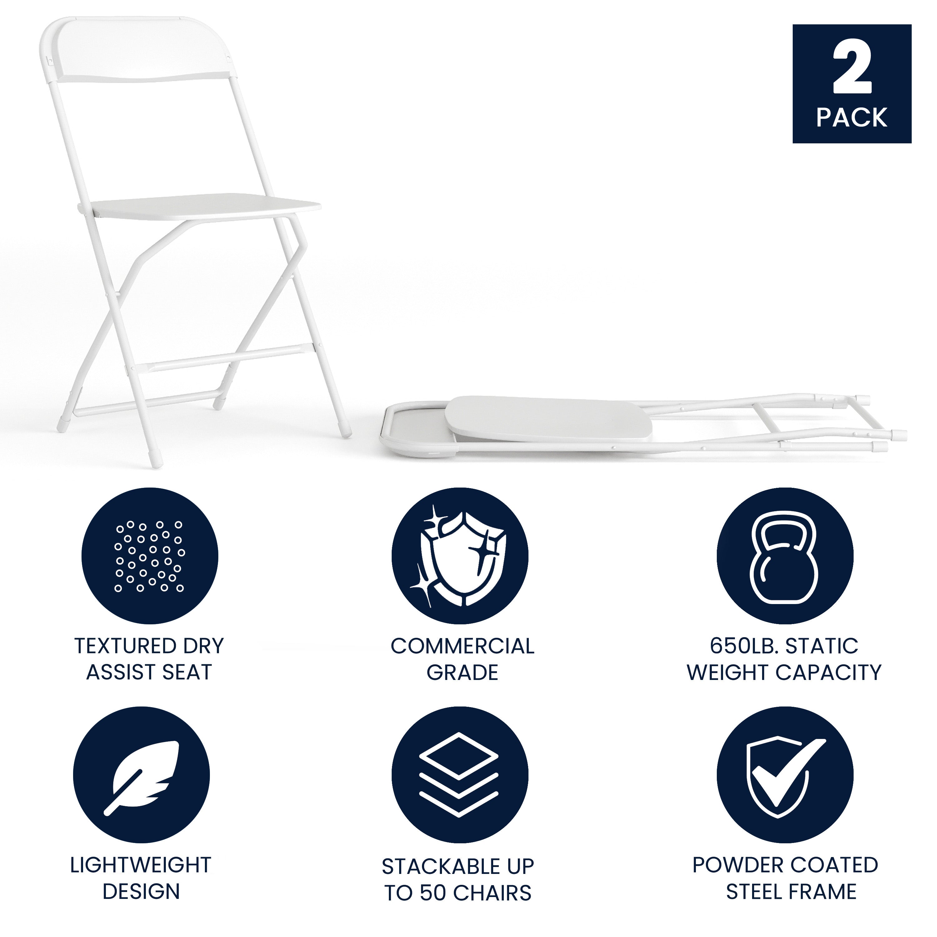 Commercial-Grade High-Capacity Plastic Folding Chairs - A Set of 2 Comfortable and Lightweight Event Seating Solutions with 650LB Weight Capacity
