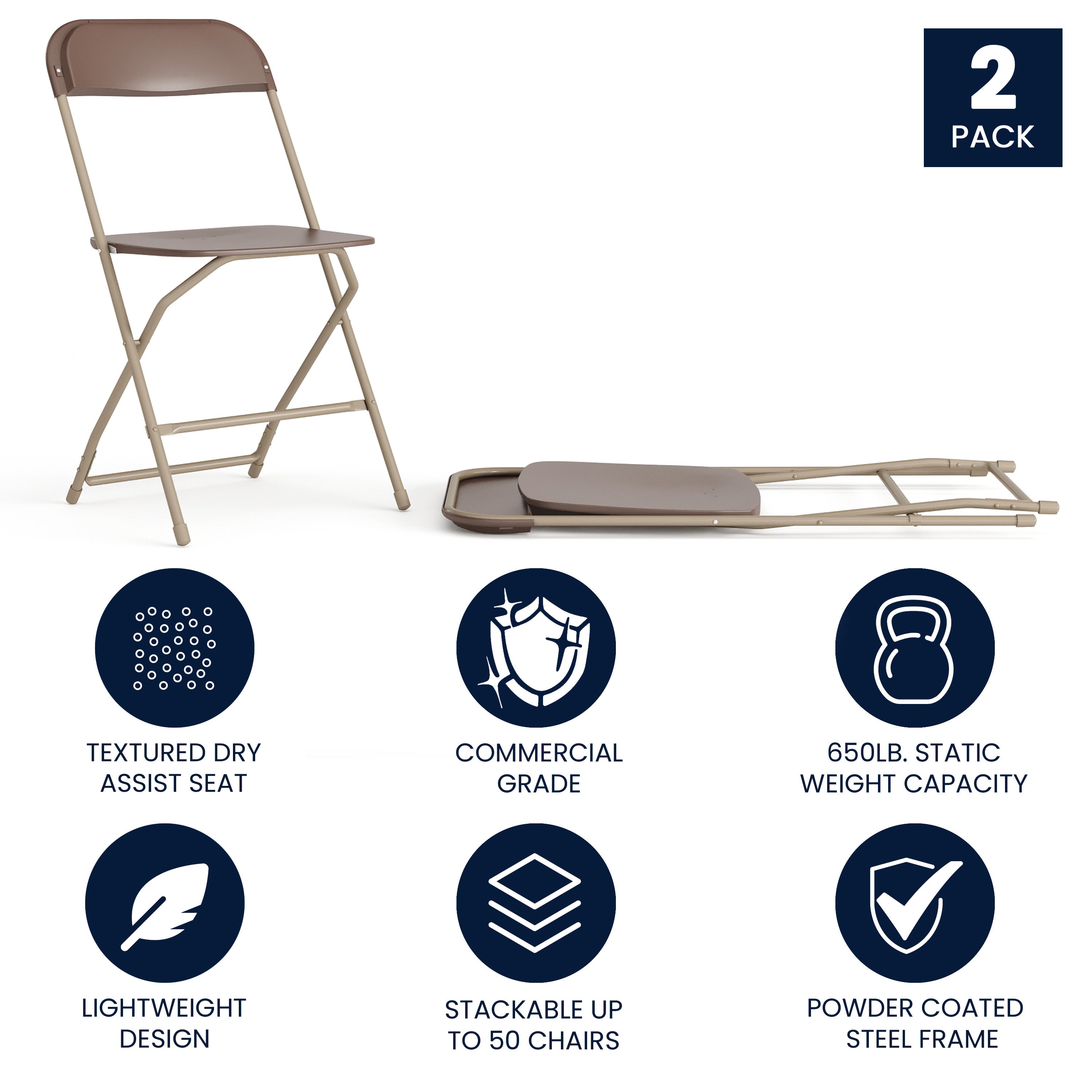 Commercial-Grade High-Capacity Plastic Folding Chairs - A Set of 2 Comfortable and Lightweight Event Seating Solutions with 650LB Weight Capacity
