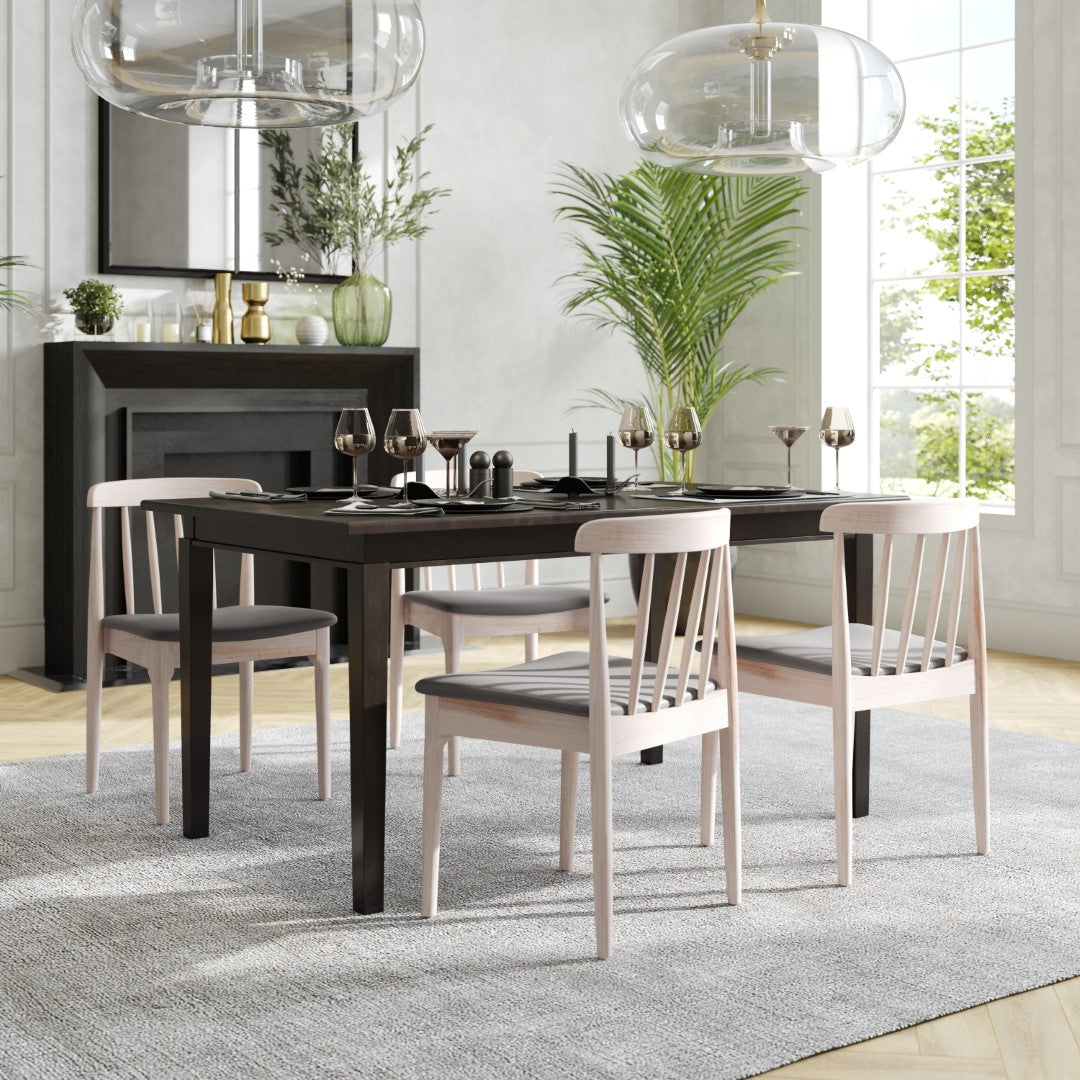 Commercial-Grade Antique White Solid Wood Dining Chair with Curved Spindles and Beige Vinyl Seat