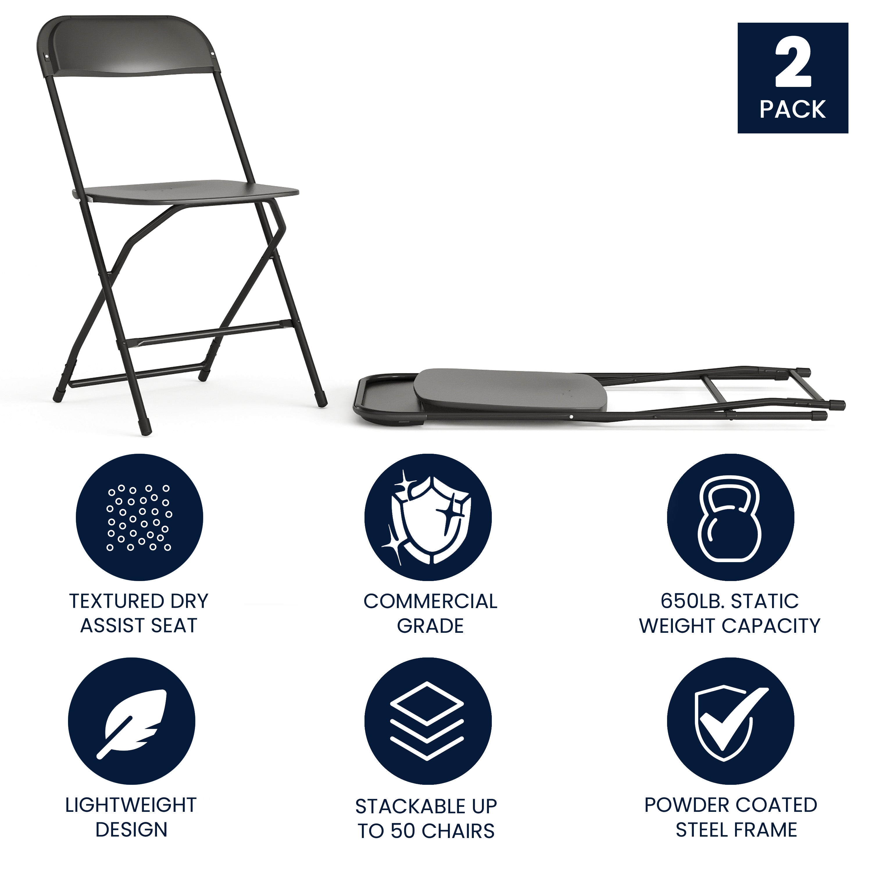 Commercial-Grade High-Capacity Plastic Folding Chairs - A Set of 2 Comfortable and Lightweight Event Seating Solutions with 650LB Weight Capacity