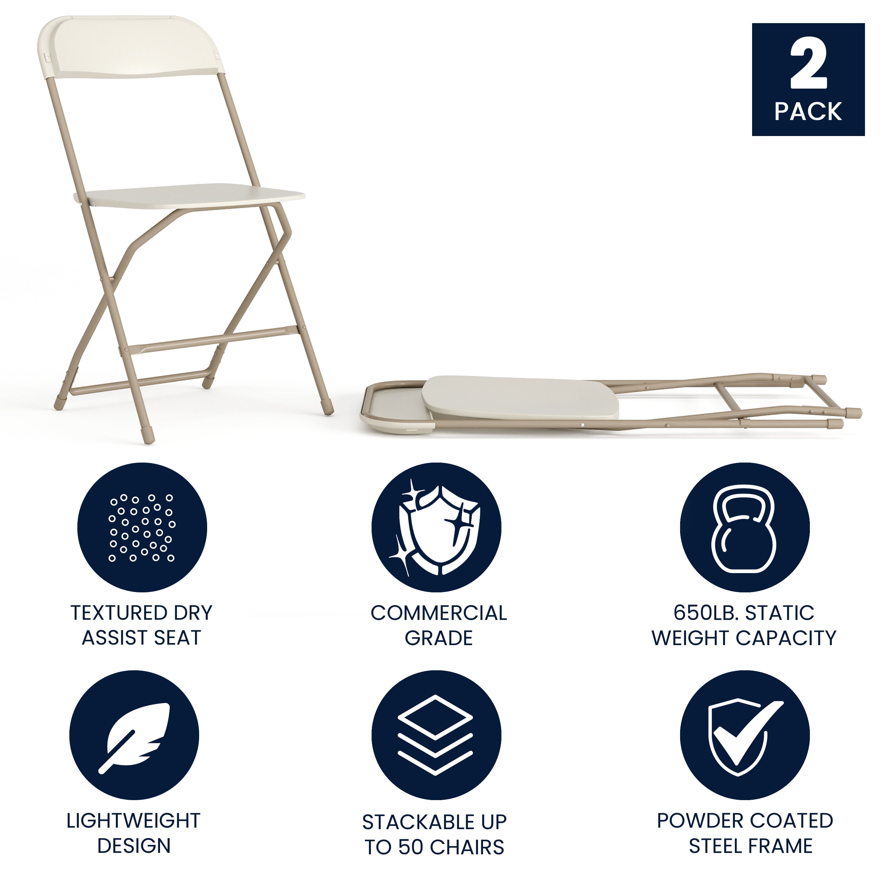 Commercial-Grade High-Capacity Plastic Folding Chairs - A Set of 2 Comfortable and Lightweight Event Seating Solutions with 650LB Weight Capacity