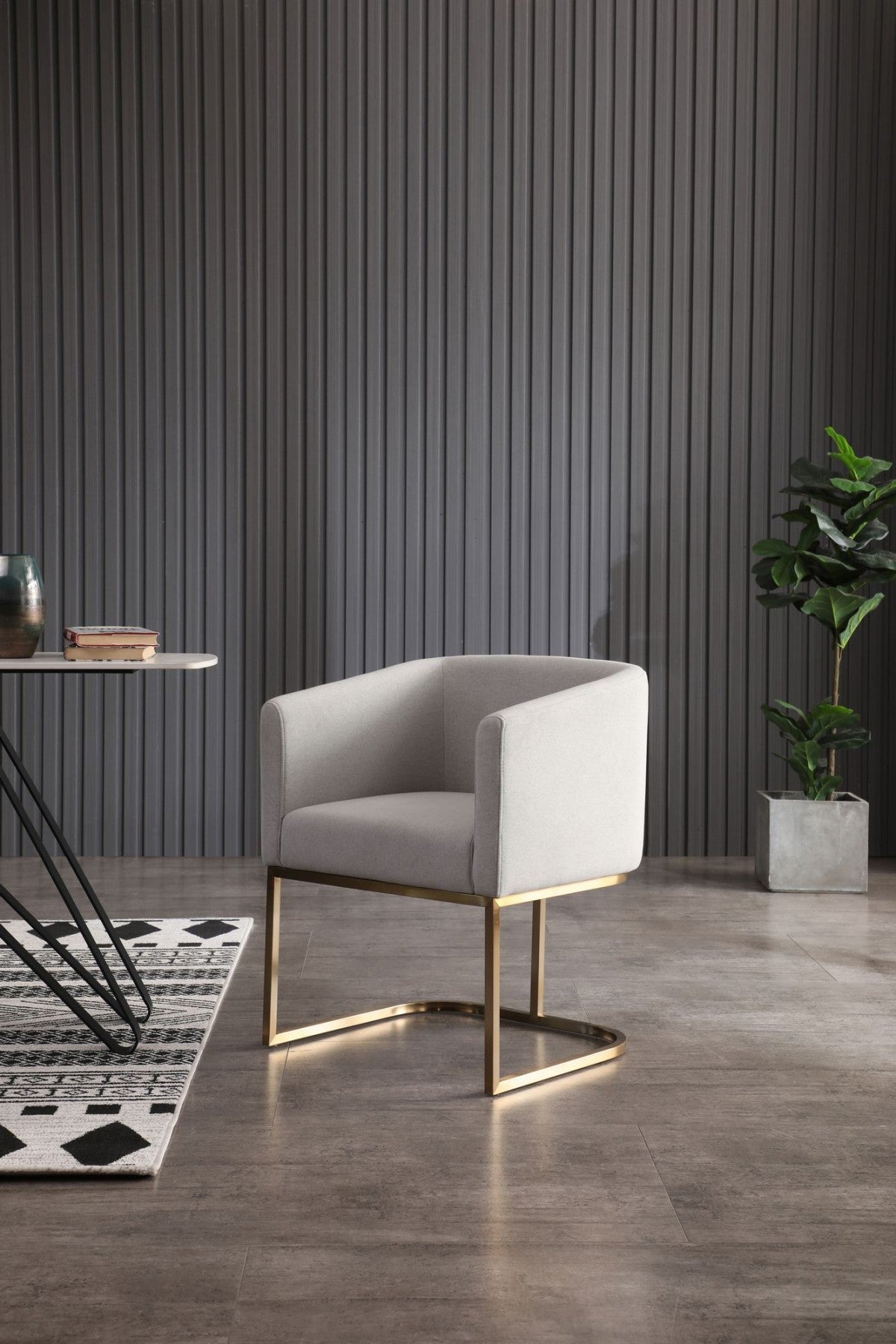 Modrest Yukon - Stylish Light Grey Upholstered Dining Chair with Vintage Brass Accents, No Assembly